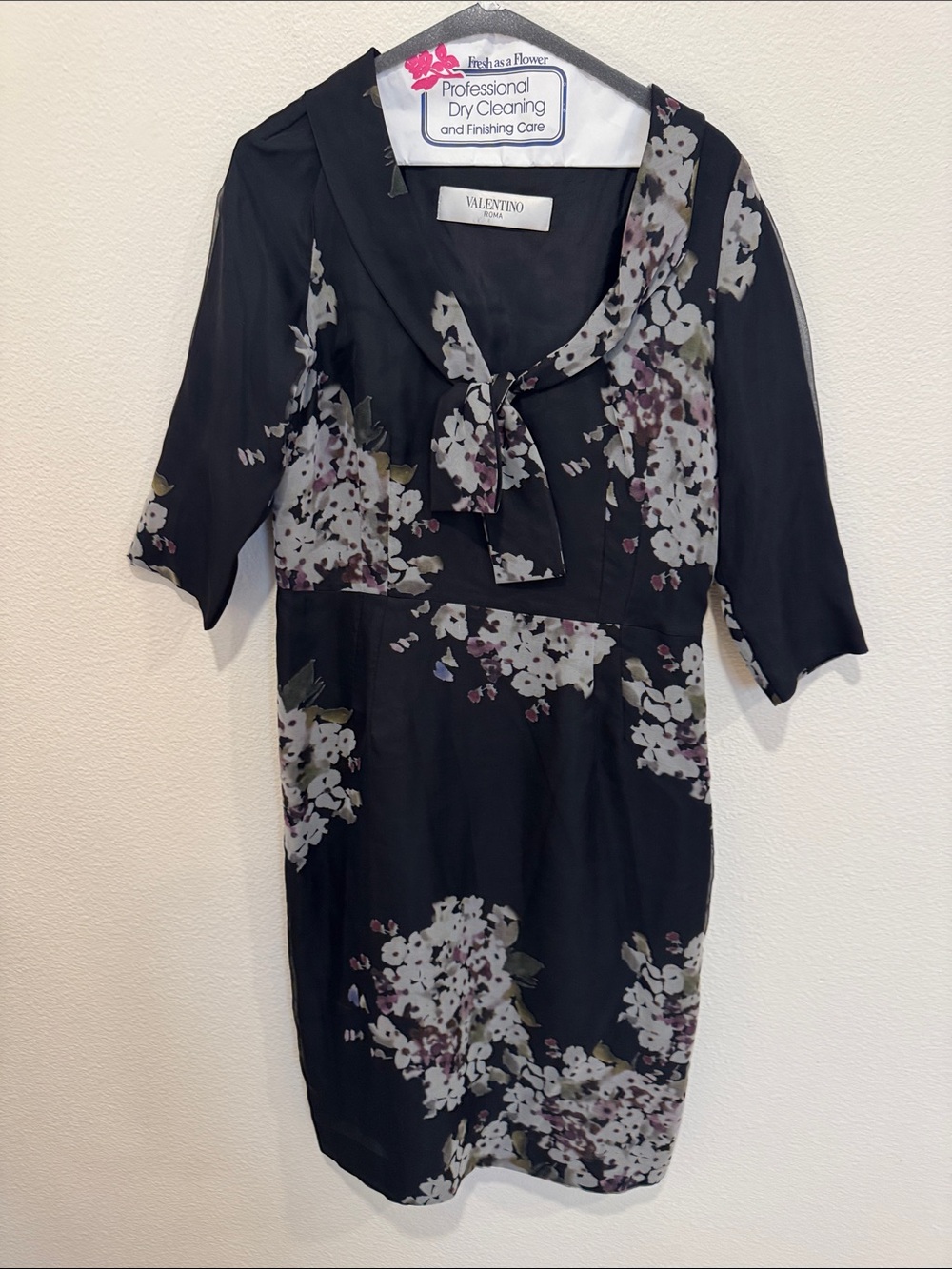Valentino Black Floral Tie-Neck Midi Dress with White and Pale Purple Blooms